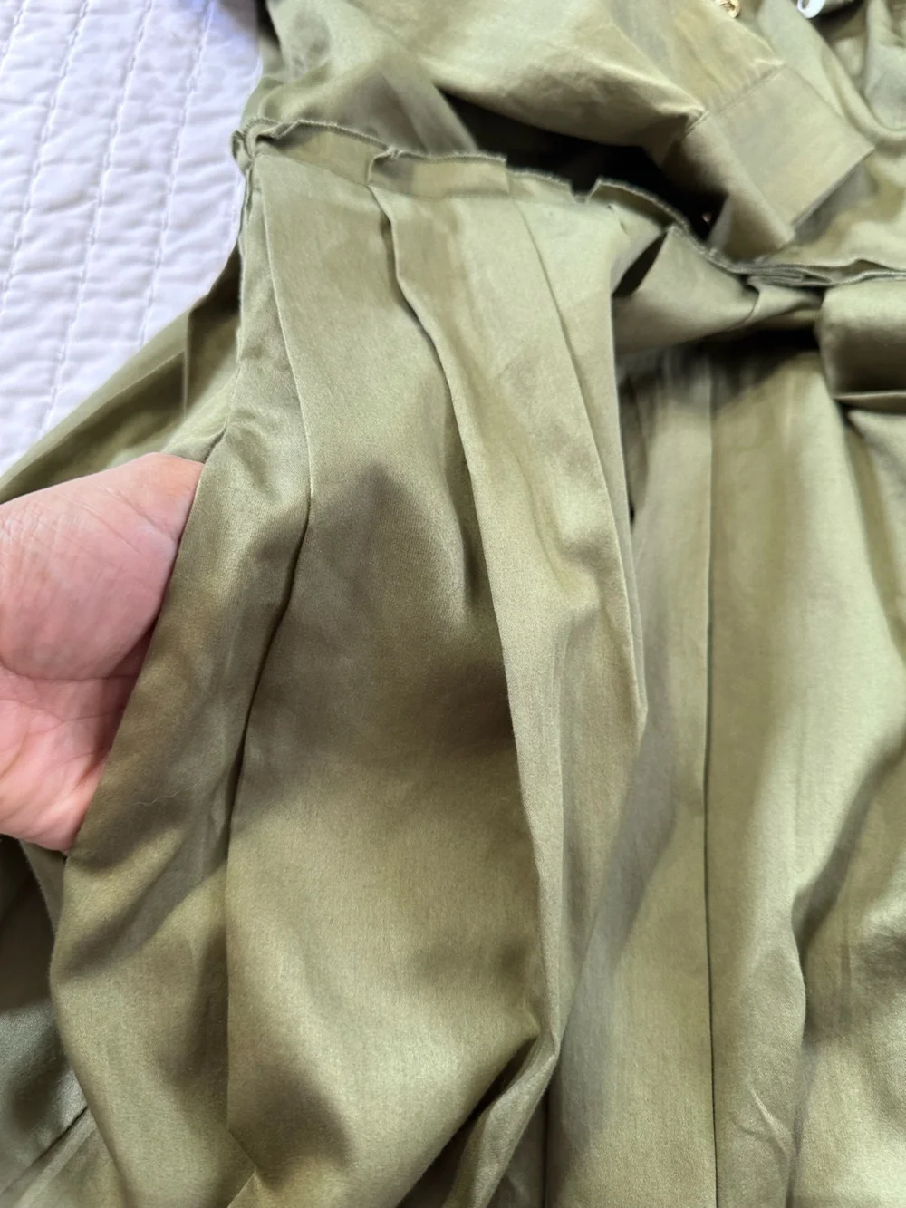 Ellen Tracy 100% Cotton Green Olive  Dress with Pleated Midi Skirt Gold Button
